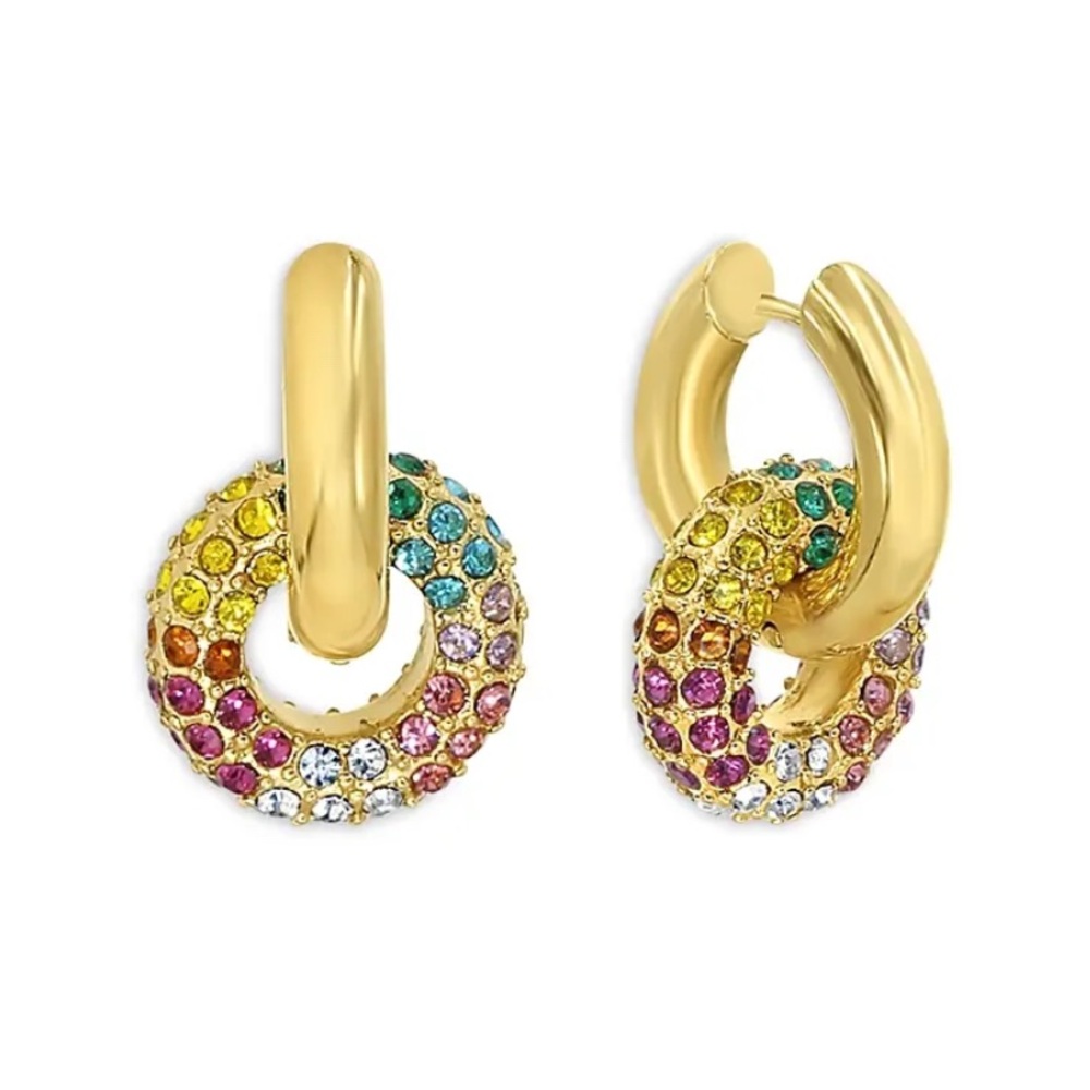 Jackie Mack Rainbow Crystal Gold Tone Double Hoop Earrings